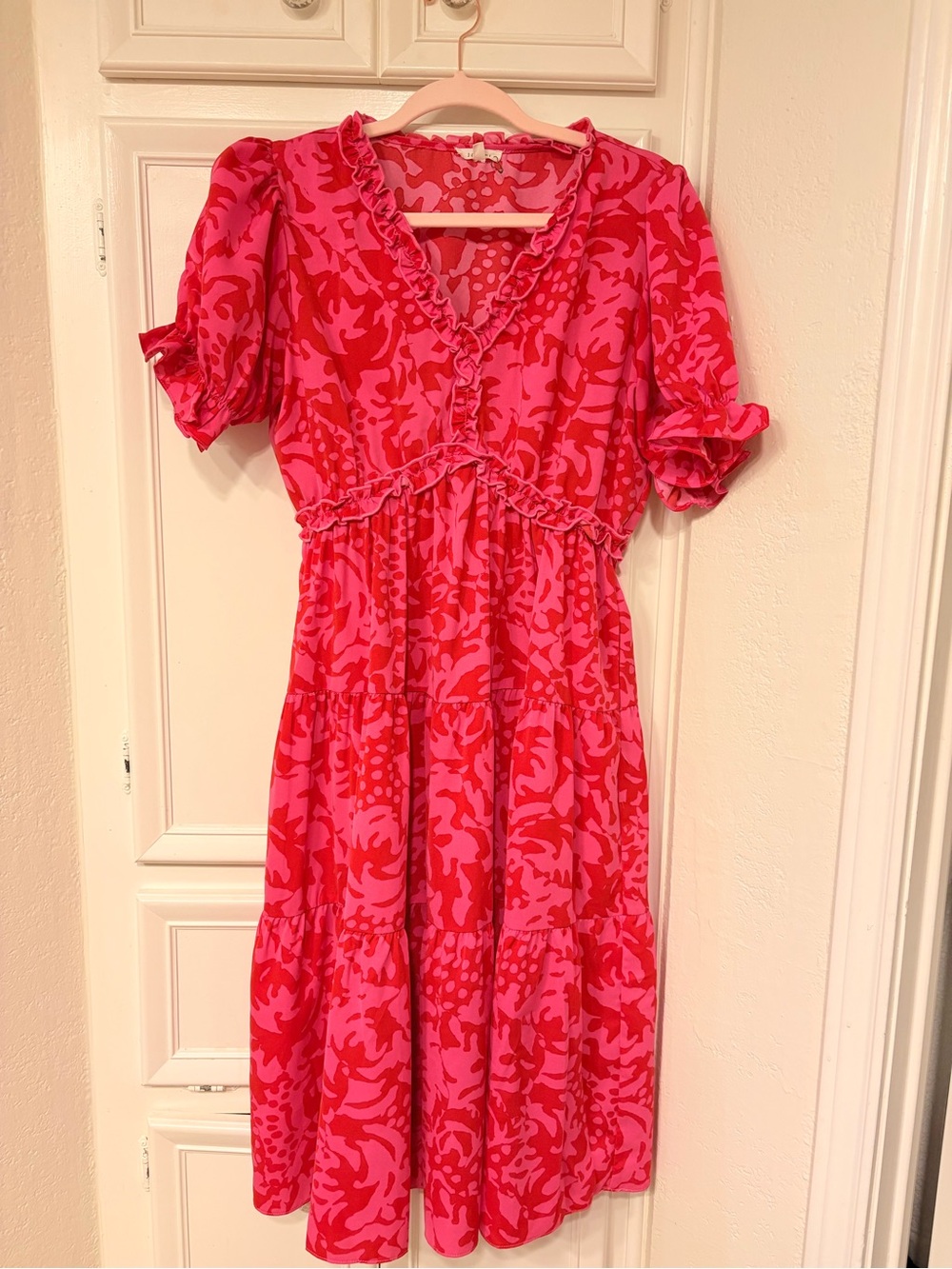 JODIFL Pink & Red Floral Ruffle Midi Dress
